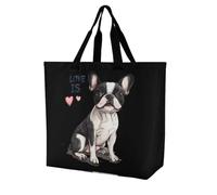 Love Is Boston Terrier Bostie Large Shopping Bag Grocery Bags Tote Handbag for Work Beach Travel