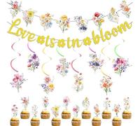 Love Is In Bloom Decoration - 22 Pcs Love Is In Bloom Bridal Shower Flower Banner Swirls Cupcake Toppers Wildflower Garland For Girl Women Bachelorette Wedding Engagement Party