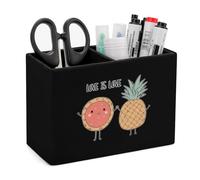 Love is Love Pineapple Pizza Leather Pen Pot 2 Sections Pencil Holder Office Desktop Organizer Makeup Storage