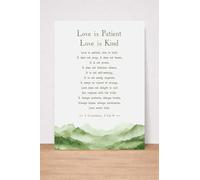Love is Patient Love is Kind Wall Art, 1 Corinthians 13:4-8, Green Watercolor Mountain Landscape, Biblical Quote Print. Size A4