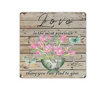 Love Is The Most Precious Thing You Can Find to Give Metal Sign Butterfly Tulip Flower in Kettle Wall Metal Signs Vintage Blossom Floral Metal Plaque Tin Sign For Bar Cafe Office Hotel 12x12in
