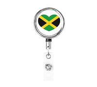 Love Jamaica Flag Jamaican Hear Heavy Duty Metal Badge Holder Reel, Retractable Badge Holder with Belt Clip for Key Name Card Holder Employee Teacher