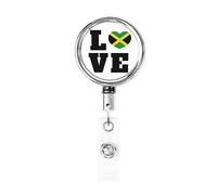 Love Jamaica Flag Jamaican Heart Heavy Duty Metal Badge Holder Reel, Retractable Badge Holder with Belt Clip for Key Name Card Holder Employee Teacher