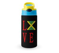 Love Jamaican Flag Cute Water Bottle with Straw Lid Stainless Steel Drink Tumbler Insulated Flip Top Cups 350ml