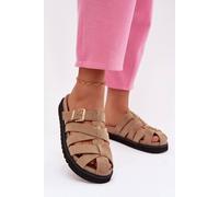 Love Lace Women's Elegant Suede Like Platform Slippers with Gold Buckle Straps in Beige | Size: 6.5 Love Lace Beige 6.5