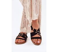 Love Lace Women's Faux Suede Flat Sandals with Gold Studs & Buckle Strap in Black | Size: 4.5 Love Lace Black 4.5