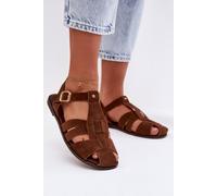 Love Lace Women's Flat Roman Sandals with Adjustable Strap & Gold Buckle in Brown | Size: 6.5 Love Lace Brown 6.5
