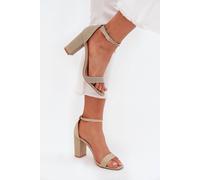 Love Lace Women's Shiny Brocade Column Heel Sandals With Buckle Adjustable Strap in Gold | Size: 8.5 Love Lace Gold 8.5