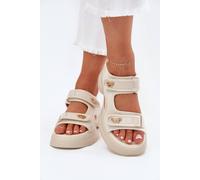 Love Lace Women's Textile Platform Sandals with Double Velcro & Gold Details in Beige | Size: 7.5 Love Lace Beige 7.5