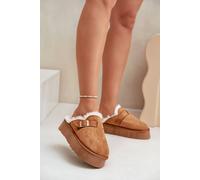 Love Lace Women's Thick Sole Insulated Fur Slippers with Gold Buckle Strap in Brown | Size: 4.5 Love Lace Brown 4.5