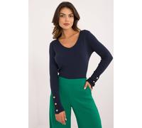 Love Lace Women's V Neck Button Cuff Casual Viscose Blend Sweater in Navy | Size: S/M Love Lace Navy S/M