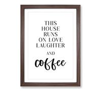 Love Laughter and Coffee Typography Framed Print | A2 Walnut Framed Wall Art | Ready to Hang | Modern Love Picture | Living Room Bedroom Lounge Office