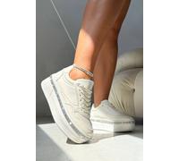 Love Lemonade Crystal Diamante Trim Platform Trainers In Off White Off White