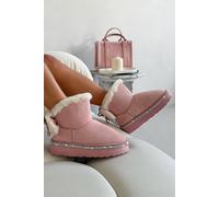 Love Lemonade Crystal Faux Fur Bow Snugg Boots In Pink Pink