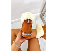 Love Lemonade Crystal Faux Suede Snuggle Cloud Cuff Faux Fur Boots In Camel Camel