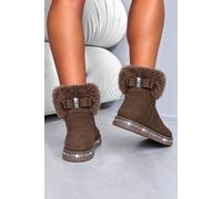 Love Lemonade Crystal Faux Suede Snuggle Cloud Cuff Faux Fur Boots In Tan Tan