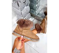 Love Lemonade Crystal Faux Suede Snuggle Cloud Cuff Faux Fur Boots In Tan Tan