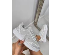 Love Lemonade Crystal Nova Sparkle Stripe Lace-Up Trainers In White White 4