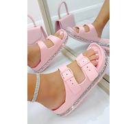 Love Lemonade Crystal Trim Lightweight Double Strap Sliders In Pink Pink 4