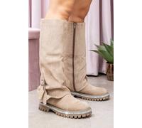 Love Lemonade Crystal Trim Wild Obsession Knee High Boots In Beige Beige 5