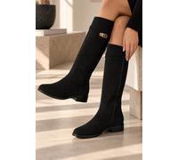 Love Lemonade Mayfair Luxe Iconic Buckle Faux Suede Knee High Zip Up Buckle Boots In Black Black