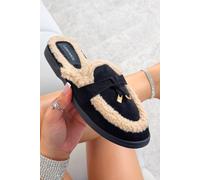 Love Lemonade Velvet Crush Teddy Trim Slip On Clog Mules In Black Black 3