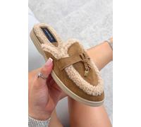 Love Lemonade Velvet Crush Teddy Trim Slip On Clog Mules In Camel Camel