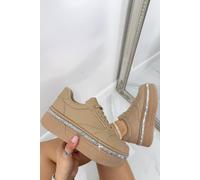Love Lemonade Women's Crystal Diamante Trim Platform Trainers in Light Brown | Size: 8