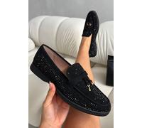 Love Lemonade Women's Crystal Luna Slip-On Flat Loafers in Black | Size: 4 Love Lemonade Black 4