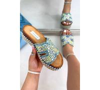 Love Lemonade Women's Crystal Shimmer Cross Strap Platform Sliders in Light Blue | Size: 6 Love Lemonade Light Blue 6