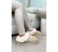 Love Lemonade Women's Crystal Trim Faux Fur Soft Touch Slippers Flat in Nude | Size: 8
