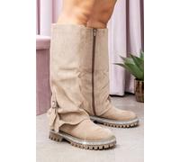 Love Lemonade Women's Crystal Trim Wild Obsession Knee High Boots in Beige | Size: 3 Love Lemonade Beige 3