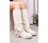 Love Lemonade Women's Crystal Trim Wild Obsession Knee High Boots in Nude | Size: 4 Love Lemonade Nude 4