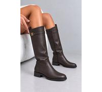 Love Lemonade Women's Elodie Luxe Buckle Trim Leather Look Zip Up Knee High Boots in Brown | Size: 7 Love Lemonade Brown 7