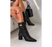 Love Lemonade Women's Mayfair Luxe Iconic Buckle Faux Leather Pointed Toe Foldover Boots in Black | Size: 5