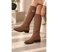 Love Lemonade Women's Mayfair Luxe Iconic Buckle Faux Suede Knee High Zip Up Buckle Boots in Camel | Size: 6
