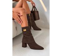 Love Lemonade Women's Mayfair Luxe Iconic Buckle Faux Suede Pointed Toe Foldover Boots in Brown | Size: 3