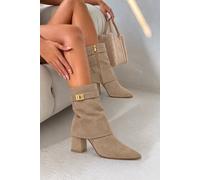Love Lemonade Women's Mayfair Luxe Iconic Buckle Faux Suede Pointed Toe Foldover Boots in Nude | Size: 6