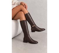 Love Lemonade Women's Mayfair Luxe Iconic Buckle Leather Look High Boots in Dark Brown | Size: 5