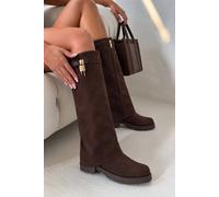 Love Lemonade Women's Portia Luxe Gold Padlock Faux Suede Foldover Zip Up Knee High Boots in Brown | Size: 5
