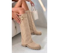 Love Lemonade Women's Portia Luxe Gold Padlock Faux Suede Foldover Zip Up Knee High Boots in Nude | Size: 6
