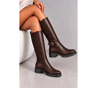 Love Lemonade Women's Rowan Buckle Stretch Panel Knee High Boots in Brown | Size: 6 Love Lemonade Brown 6