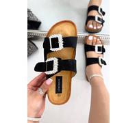 Love Lemonade Women's Sparkly Dream Double Buckle Sliders in Black | Size: 4