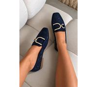 Love Lemonade Women's Sparkly Flat Faux Suede Classic Loafers in Navy | Size: 8