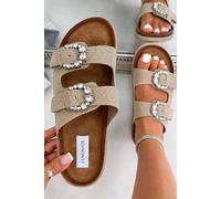 Love Lemonade Women's Sparkly Mila Double Buckle Chunky Platform Sliders in Nude | Size: 5