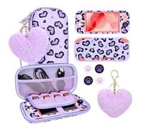Love Leopard Carrying Case for DLseego Switch Lite 2019 Accessory Set, Portable with 1 Hard PC Case and 8 Slots and 4 Cat Claw Thumb Grip Protectors and 1 Pendant, Purple, Playful, Romantic, Gift