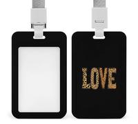Love Leopard Pattern Push-Pull ID Badge Holder Vertical Clear Holders with Lanyard Key Card Work Clip for Office Men Women