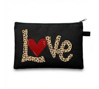 Love Leopard Print Small Makeup Bag for Handbag - Black Cosmetic Case with Red Heart Accent, Waterproof Zipper Pouch for Women Travel Toiletry Organiser, Textured Fabric Rectangular Bag