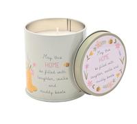 Love Life - Green Tin Candle - 'Home' - Lemon Scent - Present & Birthday Positivity Gifting & Homeware - Removable Lid & Floral Detail - H: 8.5cm x W: 8cm.