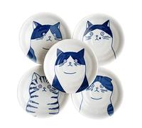 LOVE LOVE JAPAN Dessert Sushi Soy Sauce Salad Ceramic Plates Cats Design Set of 5 Made in Japan 5 Cats 4.7in